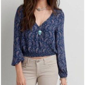 American Eagle Paisley Wrap Top with Smocked Hem and Balloon Sleeve